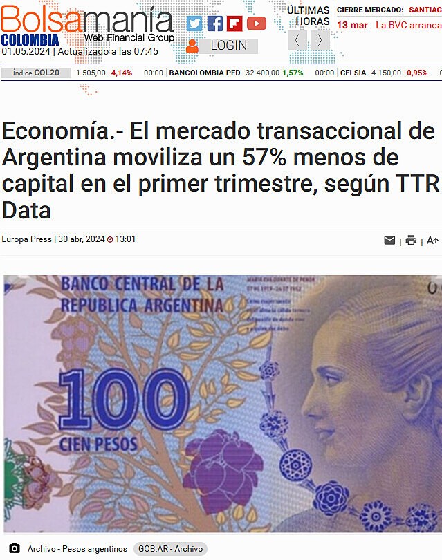 Economa.- El mercado transaccional de Argentina moviliza un 57% menos de capital en el primer trimestre, segn TTR Data